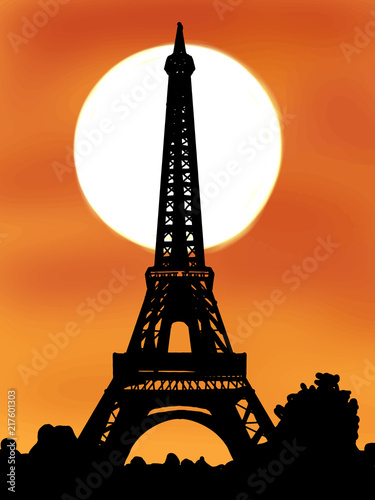 Eiffel Tower Illustration Drawing And Sunset Stock Photo And