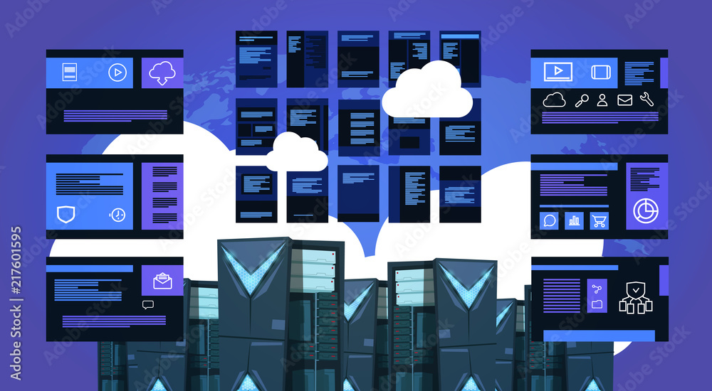 Poster infographic map over data storage cloud synchronization center with hosting servers and staff. compu
