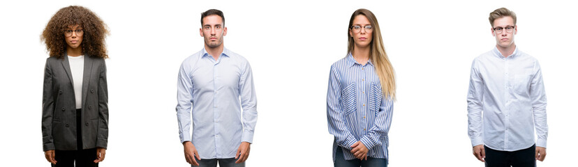 Team of business men and women with serious expression on face. Simple and natural looking at the camera.