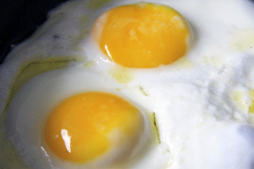 Roasted eggs on the black pan and dill over