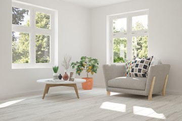 Fototapeta na wymiar Idea of white room with armchair and summer landscape in window. Scandinavian interior design. 3D illustration