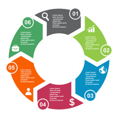 6 step vector element in six colors with labels, infographic diagram. Business concept of 6 steps or options with empty