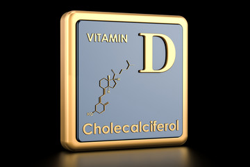 Vitamin D, cholecalciferol. Icon, chemical formula, molecular structure. 3D rendering
