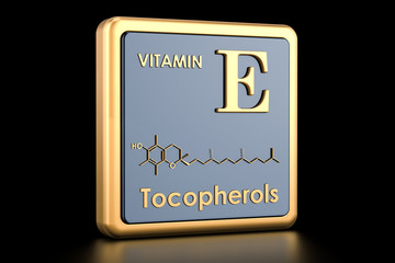 Vitamin E, tocopherols. Icon, chemical formula, molecular structure. 3D rendering