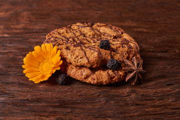 Fototapeta na wymiar cookies and spring blue flowers Healthy morning breakfast concept. Minimalist. selective focus