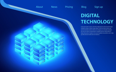 Concept of big data processing, energy station of future, server room rack, data center isometric vector illustration.