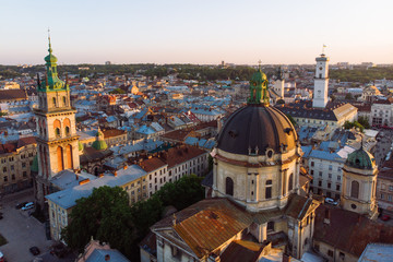 Fototapeta na wymiar aerial view of old european city on sunset