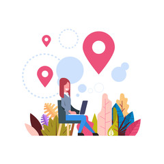 woman geolocation tag marked bubbles map pin hold laptop navigation concept background flat vector illustration