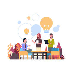 new idea concept over light lamp background business people relationships gadgets office desk flat vector illustration