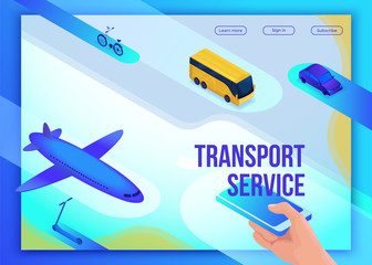 Fototapeta na wymiar Smartphone travel online service, mobile transportation landing page template, booking app concept with 3d isometric vector flat icons of, airplane, bus, electric scooter, people searching in internet