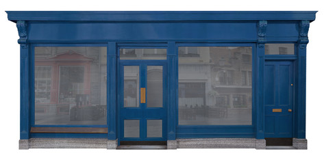 Blau lackiertes Holzfassade von einem Verkaufsraum, freigestellt auf weißem Hintergrund