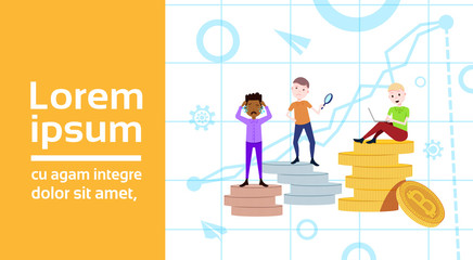 man on podium coins stack loser winner success concept mix race character template for design work and animation on white background full length copy space flat vector illustration