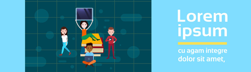 girl sitting booking stack hold tablet boy with gadgets template for design work and animation on white background full length flat banner copy space vector illustration