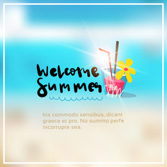 cocktail summer blurred sea bokeh beach background frame design badge vacation season holidays lettering for logo templates invitation greeting card prints and posters copy space vector illustration