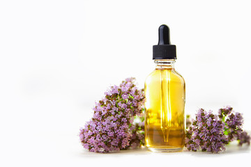 Essence of Oregano flowers on table in beautiful glass Bottle