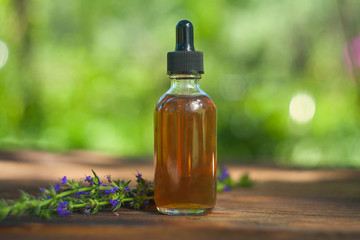 hyssop essential oil in  beautiful bottle on table