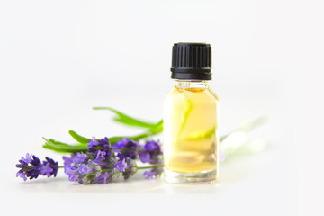 lavender essential oil in  beautiful bottle on White background