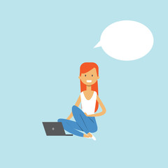 red hair woman using laptop sitting chat bubble female character full length on blue background flat vector illustration