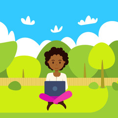 african american woman holding laptop working outdoors over green park landscape flat vector illustration
