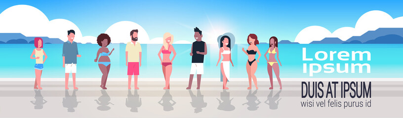 Obraz premium mix race people group on sunrise beach seaside vacation summer holiday horizontal banner copy space flat vector illustration