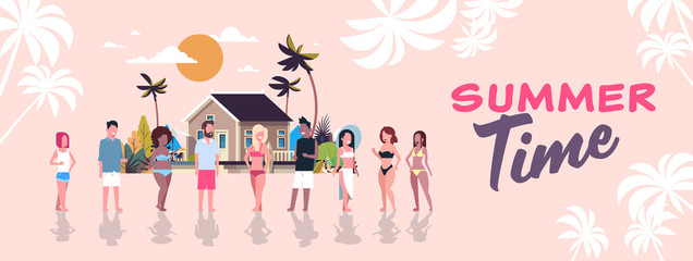 surfer summer mix race people group surf board on sunset beach villa house tropical lettering banner flat vector illustration