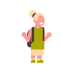 girl backpack raising hands up school children isolated small primary student over white background flat full length vector illustration