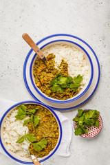 Lentil curry with rice, Indian cuisine, tarka dal, white background, top view. Vegan food.