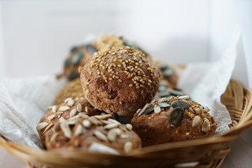 Freshly baked rolls made of healthy ingredients and baked in the oven. 

