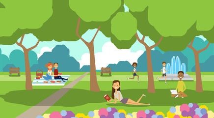 Obraz na płótnie Canvas city park relaxing people sitting green lawn using laptop picnic man woman trees landscape background horizontal flat vector illustration