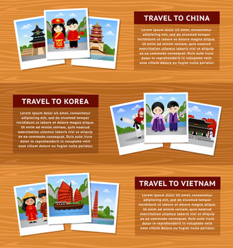 Travel to Asia. Set of horizontal web banners with place for text.China, South Korea, Vietnam. Photos with views Asia. Vector flat illustration.