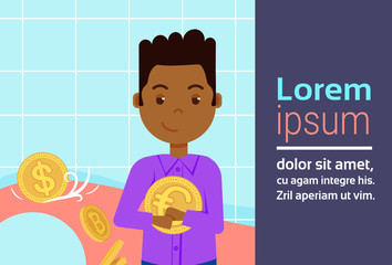 african american man character holding euro coin exchange concept template for design work or animation portrait copy space flat vector illustration