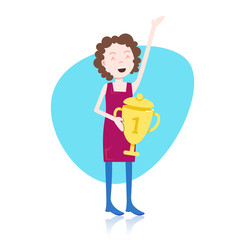 woman character holding win prize golden cup template for design work or animation over white background full length flat vector illustration
