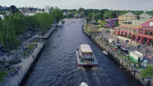 Boats on the Lujan River, Tigre, Buenos Aires, Argentina &ndash; Beautiful 4k drone video of boats at Tigre and Puerto de Frutos on a sunny afternoon in the Capital City