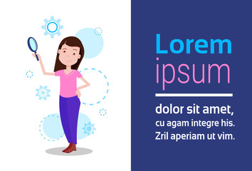 woman character holding zoom magnifying glass template for design work or animation over white background full length flat horizontal copy space vector illustration