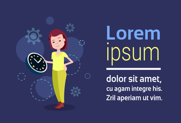 woman character holding wall clock template for design work or animation over blue background full length horizontal copy space flat vector illustration