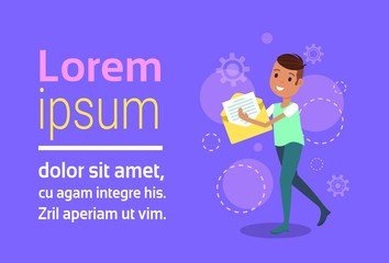 happy man character holding paper envelope template for design work or animation background full length copy space horizontal flat vector illustration