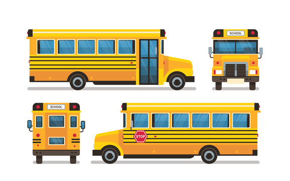 yellow school bus front side rear view pupils transport concept on white background flat horizontal vector illustration