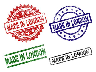 MADE IN LONDON seal prints with corroded surface. Black, green,red,blue vector rubber prints of MADE IN LONDON text with corroded texture. Rubber seals with round, rectangle, rosette shapes.