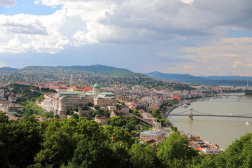 Fototapeta na wymiar Panoramic view of Budapest, from height of bird's flight, from the Watchtower, before a rain.