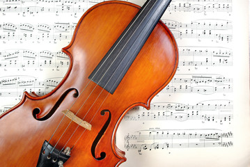 Fototapeta na wymiar Violin on sheet music. close up. top view. 