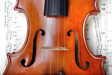 Violin on sheet music. close up. top view.	