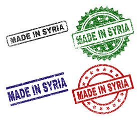 MADE IN SYRIA seal prints with corroded style. Black, green,red,blue vector rubber prints of MADE IN SYRIA title with corroded style. Rubber seals with circle, rectangle, medallion shapes.