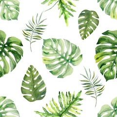 Tuinposter Monstera Watercolor hand painted seamless pattern of tropical leaves and  flowers.