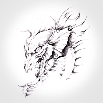 dragon, head of dragon tattoo hand drawn