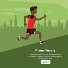 Fitness man running at city cartoon poster with information vector illustration graphic design