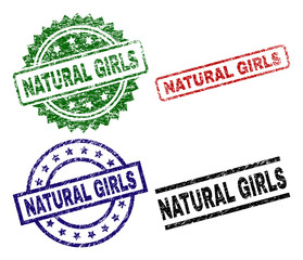 NATURAL GIRLS seal imprints with corroded texture. Black, green,red,blue vector rubber prints of NATURAL GIRLS text with corroded texture. Rubber seals with circle, rectangle, medallion shapes.