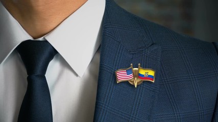 Businessman Walking Towards Camera With Friend Country Flags Pin United States of America - Ecuador - Powered by Adobe