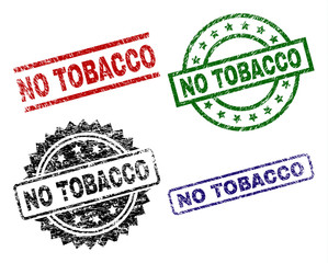 NO TOBACCO seal prints with corroded style. Black, green,red,blue vector rubber prints of NO TOBACCO title with corroded surface. Rubber seals with circle, rectangle, medal shapes.