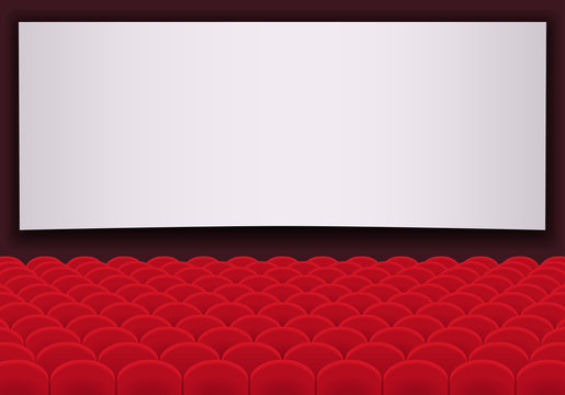 Movie theatre with Rows of red seats and blank white screen. Vector