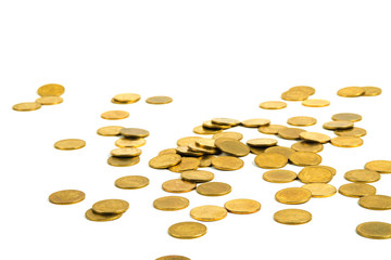 Falling gold coins money isolated on the white background, business money and finance concept.